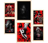 Nacnic Set da 6 Iconica Jordan Grafiiti rossa e nera Poster con cornice con illustrazioni di design per decorare le pareti di casa Stanza, ufficio A3 e A4 Struttura in legno chiaro
