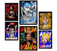 Nacnic Set da 6 Iconico Graffiti Pop Frida Dali Mercury Bowie Marilyn Poster con cornice con illustrazioni di design per decorare le pareti di casa Stanza A3 e A4 Cornice nera