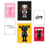 Nacnic Set da 6 Messaggio iconico di Kaws Poster con cornice con illustrazioni di design per decorare le pareti di casa Stanza A3 e A4 Cornice bianca