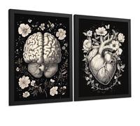 Nacnic Set Di 2 Stampe Anatomia Umana Poster E Quadri Con Cervello E Cuore Design Monocromatico Floreale Sfondo Nero Decorazione Da Parete Moderna Medica Dimensione A4 Black Frame
