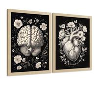 Nacnic Set Di 2 Stampe Anatomia Umana Poster E Quadri Con Cervello E Cuore Design Monocromatico Floreale Sfondo Nero Decorazione Da Parete Moderna Medica Dimensione A4 Lightwood Frame