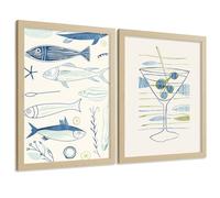 Nacnic Set Di 2 Stampe Cucina Minimalista Quadri Pesci E Martini Acquerello Tratto Decorazione Parete A4 Lightwood Frame