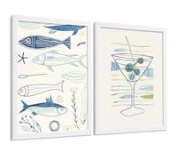 Nacnic Set Di 2 Stampe Cucina Minimalista Quadri Pesci E Martini Acquerello Tratto Decorazione Parete A4 White Frame