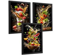 Nacnic Set Di 3 Stampe Cucina Sfondo Nero Quadri Dessert Insalata E Frutta Splash Dinamico Decorazione Parete A4 Cornice Nera