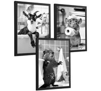 Nacnic Set Di 3 Stampe Decorative Da Parete Per Toilette-Animali. Poster Decorativo In Bianco E Nero Per Bidet E Wc. Immagini Di Una Capra, Un Topo E Un Castoro. Dimensioni A3 Cornice Nera