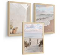 Nacnic Set Di 3 Stampe Decorative Spiaggia/Mare. Stampe Da Parete. Poster Da Parete Moderno. Arredamento Per Il Bagno. Stampe Decorative Da Parete Per Soggiorno. Dimensioni A3 Telaio In Legno Chiaro