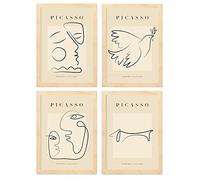 Nacnic Set di 4 illustrazioni di Picasso. Pace. Illustrazioni a linea singola in stile galleria d'arte. Dipinti per la decorazione di interni. A4 con cornice in legno.