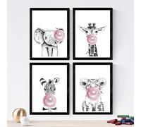 Nacnic Set di 4 stampe artistiche animali con gomma da masticare rosa in bocca (giraffa, elefante, tigre, zebra) per arredare la Cameretta dei Bambini, Unisex, Poster. 250 Grammi di Alta Qualità.
