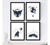 Nacnic Set di 4 Stampe artistiche costellazioni, lupo, mongolfiera, bisonte, balena. Bianco & nero. Stile nordico. Arreda il tuo soggiorno o Poster in stile scandinavo.