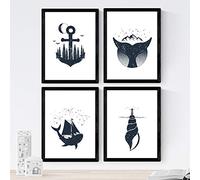 Nacnic Set di 4 Stampe artistiche in Bianco e Nero. Rappresentazioni di Ancora, Balena Conchiglia. Stile Nordico, Stile Scandinavo, Composizione d' Immagini Moderne per arredare con Stile.