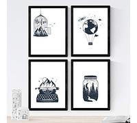 Nacnic Set di 4 Stampe artistiche in bianco e nero. tema foresta selvaggia, mongolfiera montagne macchina da scrivere natura. foreste bosco. Stile nordico e scandinavo. 250 Grammi di Alta Qualità