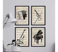 Nacnic set di 4 Stampe artistiche sfondo VINTAGE con pentagramma musicale. Raffigurazione in primo piano di strumenti musicali (pianoforte, violino, violoncello), con note musicali. Spartiti e musica.