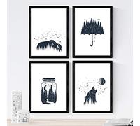 Nacnic Set di 4 Stampe artistiche tema foresta selvaggia, ombrello, lupo, stelle, costellazioni, via lattea firmamento. Stile nordico, scandinavo. 250 Grammi di Alta Qualità