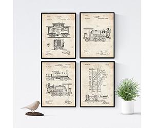 Nacnic Set di 4 stampe artistiche vintage con rappresentazione treni e e binari ferroviari. sfondo carta. brevetti e progetti d'epoca. Treno a vapore. Per arredare la tua casa o il tuo negozio.