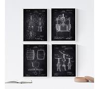 Nacnic Set di 4 stampe artistiche vintage su sfondo nero brevetti botte da vino macchinario vendemmia brevetti. Invenzioni del XIX secolo e vecchi brevetti.