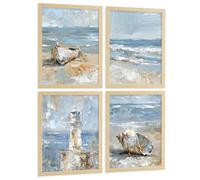 Nacnic Set Di 4 Stampe Con Spiaggia, Mare E Costa Azzurra Faro E Barca. Decorazione Murale. Scena Marina. Decorative Da Parete Per Bagno, Cucina, Soggiorno. Dimensioni A3 Telaio In Legno Chiaro