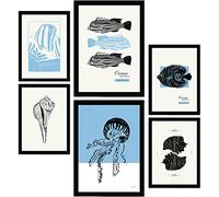 Nacnic Set di 6 poster a inchiostro nero. Creature dell'oceano. Stampe artistiche del mare e dell'oceano per l'arredamento e la decorazione d'interni. A3 & A4, cornici nere.