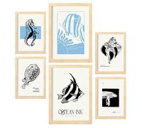 Nacnic Set di 6 poster a inchiostro nero. Modelli oceanici. Stampe artistiche del mare e dell'oceano per l'arredamento e la decorazione d'interni. A3 & A4, cornici color legno.
