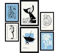Nacnic Set di 6 poster a inchiostro nero. Razza e balena. Stampe artistiche del mare e dell'oceano per l'arredamento e la decorazione d'interni. A3 & A4, senza cornici.