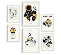 Nacnic Set di 6 poster a inchiostro nero. Snack. Stampe Artistiche e Astratte per Interior Design e Decorazione. A3 & A4, cornici bianche.