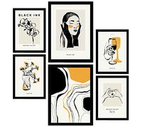 Nacnic Set di 6 poster a inchiostro nero. Sofisticato. Stampe Artistiche e Astratte per Interior Design e Decorazione. A3 & A4, cornici nere.