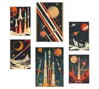 Nacnic Set di 6 poster Astronave, razzo, pianeti vintage toni rossi e blu illustrazioni di design per decorare le pareti di casa. Camere, negozi A3 e A4 Senza cornice