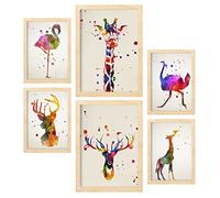 Nacnic Set di 6 poster di animali acquerelli. Raccolta di piatti con collage estetico per la decorazione d'interni. Taglie A3 e A4. Con cornice in legno.