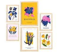 Nacnic Set di 6 poster di fiori. Petali Di Magnolia. Stampe artistiche da parete di natura e botanica per l'interior design e la decorazione. A3 & A4, cornici in legno.