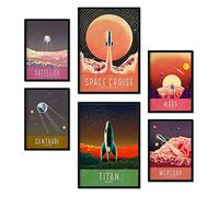 Nacnic Set di 6 poster di spazio. Raccolta di posters con collage estetico per la decorazione d'interni. Taglie A3 e A4. Con cornice nera.