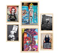 Nacnic Set di 6 posters graffiti. Stampe ad arte murale estetica per la camera da letto o il design del soggiorno. Dimensioni A3 e A4. con telaio in legno chiaro.