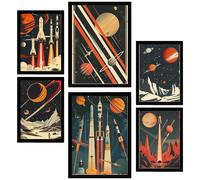 Nacnic Set di 6 quadri Astronave, razzo, pianeti vintage toni rossi e blu illustrazioni di design per decorare le pareti di casa A3 e A4 Cornice nera