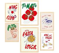 Nacnic Set di 6 quadri Illustrazioni di cibo e stile pop art Pasta al pomodoro e pizza illustrazioni di design per decorare le pareti di casa A3 e A4 Struttura in legno chiaro