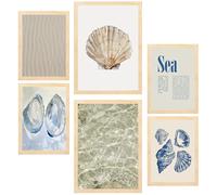 Nacnic Set di 6 quadri Spiaggia, mare, oceano illustrazioni di design per decorare le pareti di casa A3 e A4 Struttura in legno chiaro