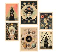 Nacnic Set di 6 quadri Surreal Collage Beige e Nero Stile Esoterico Mistico illustrazioni di design per decorare le pareti di casa A3 e A4 Struttura in legno chiaro