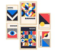 Nacnic Set di 6 stampe in stile Bauhaus 4 Collezione di progettazione geometrica stampe con Cornici decorative per il tuo soggiorno camera da letto casa Dimensioni A4 e A3 con cornici Lightwood