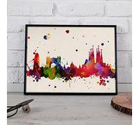 Nacnic Stampa Città di Barcellona. Skyline Acquerello Stile ed esplosioni di colore. formato poster A3 Home decor. Nero cornice A3