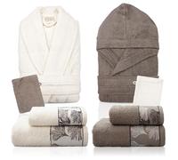Nada Home Completo bagno asciugamani accappatoi set uomo donna in spugna di cotone 6856 (IT, Testo, Taglia unica, Regular, Regular, Colombia Panna-Tortora)