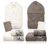 Nada Home Completo bagno asciugamani accappatoi set uomo donna in spugna di cotone 6856 (IT, Testo, Taglia unica, Regular, Regular, Bolivia Panna-Tortora)