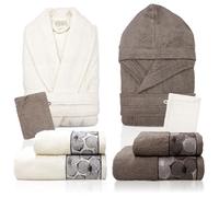 Nada Home Completo bagno asciugamani accappatoi set uomo donna in spugna di cotone 6856 (IT, Testo, Taglia unica, Regular, Regular, Cile Panna-Tortora)