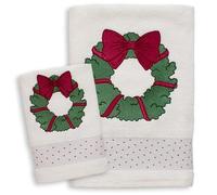 Nada Home Set Asciugamani Natalizi 1+1 in Spugna 100% Cotone - Ricamati con Ghirlanda di Natale - Morbidi e Assorbenti - Idea Regalo con Busta Cartonata