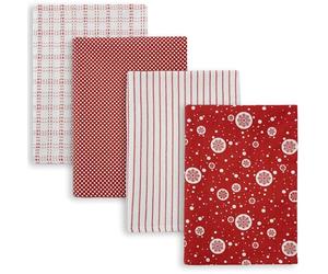 Nada Home Set Strofinacci Natalizi Cucina 4 Pezzi 100% Cotone 45x65 cm Canovacci Assorbenti Fantasie Diverse con Appendino Idea Regalo Natale