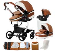 NADDLILY Pelle PU Passeggino Trio, Passeggino 3 in 1 con Spinta Reversibile a Due Vie, Trio Neonati con Accessori, Carrozzina per Neonati con Design Portatile Pieghevole Un Clic (B518 Khaki)