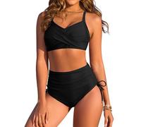 Nadeer Costume da Bagno Donna Push Up Scollo a V Imbottito Reggiseno Due Pezzi Bikini Pantaloncini da Bagno con Coulisse Laterale a Pieghe Sexy Spiaggia Beachwear Swimwear