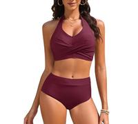 Nadeer Costumi da Bagno Donna Due Pezzi Vita Alta Bikini Mare Halter Costume Mare Sexy Scollo a V Push Up Controllo della Pancia Beachwear Swimwear(Rosso Porpora,M)