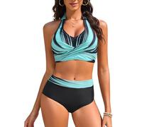 Nadeer Costumi da Bagno Donna Due Pezzi Vita Alta Bikini Mare Halter Costume Mare Sexy Scollo a V Push Up Controllo della Pancia Beachwear Swimwear(Blu,M)