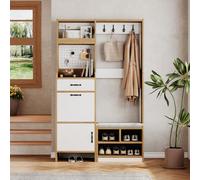 NADEUSAK Armadio da corridoio moderno con scarpiera e panca, appendiabiti con gancio, colore rovere + bianco, 1 cassetto, 1 scomparto pieghevole e 1 anta dell'armadio e spazio aperto