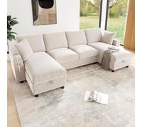 NADEUSAK Divano a forma di U in ciniglia a 2 posti + due elementi chaise longue, vano portaoggetti apribile, beige, 284 x 135 x 84 cm