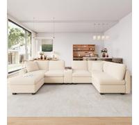 NADEUSAK Divano angolare modulare a forma di U / L, beige, 6 posti, ottomano, console centrale mobile con 2 portabevande, scomparti nascosti, tasche per braccioli, tessuto a coste