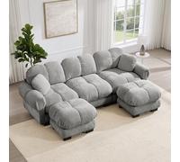 NADEUSAK Divano Cloud a 3 posti, design trapuntato, cuscino spesso, morbido e di supporto, facile da montare, include pouf mobile e 2 piccoli cuscini decorativi, adatto per soggiorno, grigio chiaro