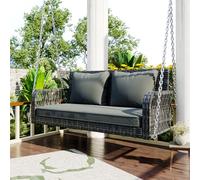 NADEUSAK Dondolo Hollywood a 2 posti, in rattan grigio con cuscino da seduta grigio, cuscino da seduta e schienale rimovibile e lavabile, set di mobili da giardino per esterni
